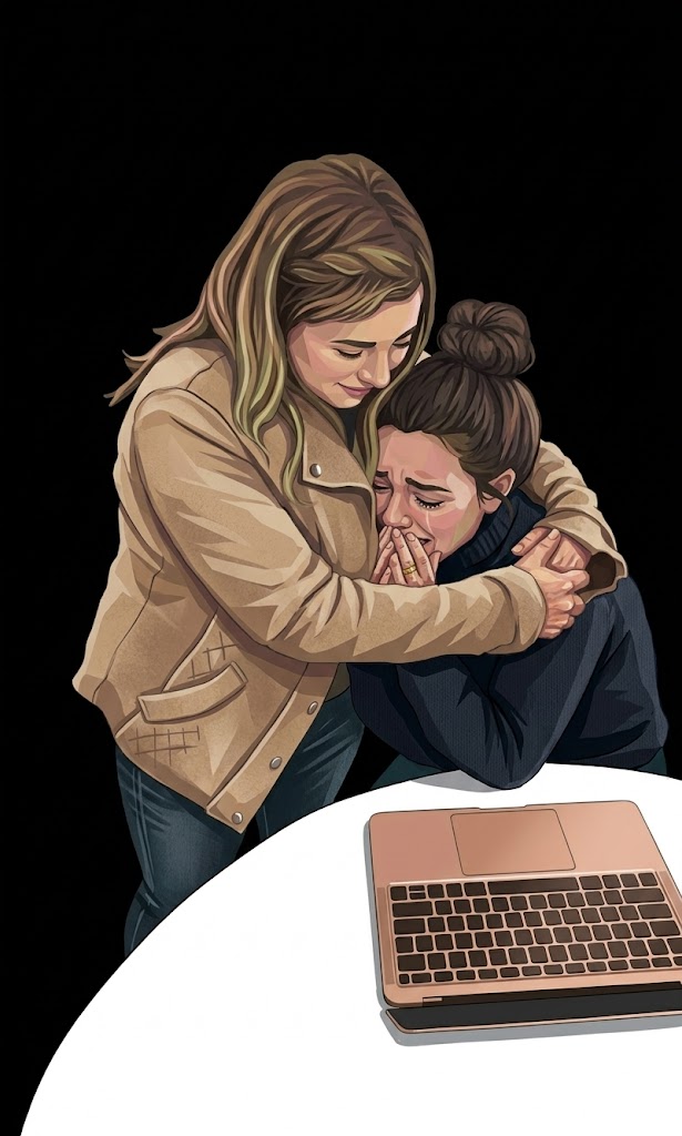 A counselor comforting a student beside a laptop
