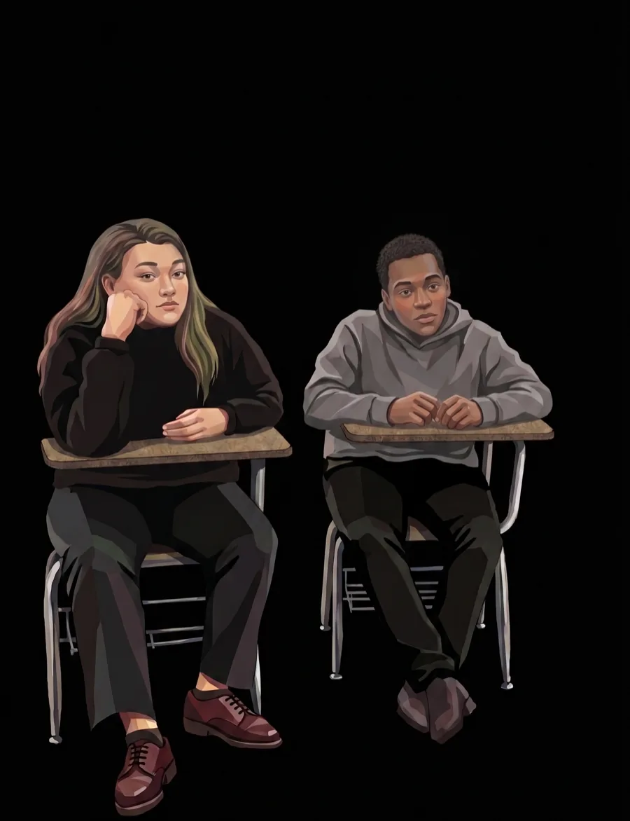 Two students at desks in an SEL classroom session